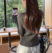 リブニット カーディガン レディース 長袖 前開き 前ボタン 開襟 襟付き トップス 羽織り 無地 単色 タイト スリム おしゃれ かわいい お出かけ 通勤 カジュアル デイリー 着回し 女性用