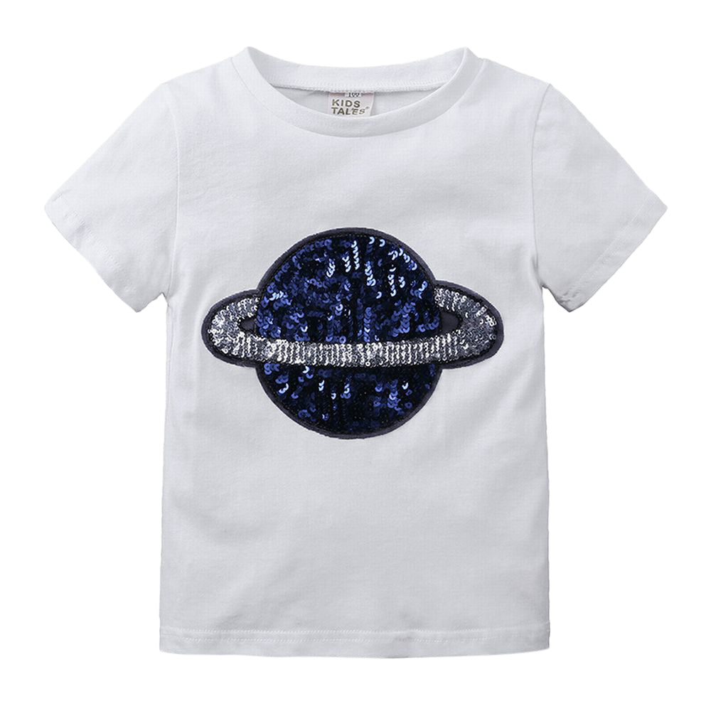 半袖Ｔシャツ キッズ ベビー 子供服 こども服 土星 惑星 スパンコール Ｔシャツ 半袖 トップス ラウンドネック プルオーバー おしゃれ 男の子 女の子 男児 女児 80 90 100 110 120 130 140