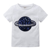 半袖Ｔシャツ キッズ ベビー 子供服 こども服 土星 惑星 スパンコール Ｔシャツ 半袖 トップス ラウンドネック プルオーバー おしゃれ 男の子 女の子 男児 女児 80 90 100 110 120 130 140