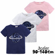 半袖Ｔシャツ キッズ ベビー 子供服 こども服 土星 惑星 スパンコール Ｔシャツ 半袖 トップス ラウンドネック プルオーバー おしゃれ 男の子 女の子 男児 女児 80 90 100 110 120 130 140