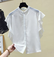 ブラウス ノースリーブ フレアスリーブ レディース トップス バンドカラー 前開き ボタン シフォン 比翼仕立て 婦人服 無地 ソリッドカラー 大きいサイズ 上品 おしゃれ 通勤 OL オフィス 外出 お出掛け 女性