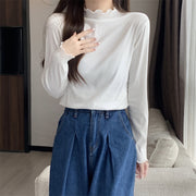 カットソー 薄手 長袖 ボトルネック レディース 女性 婦人服 トップス ハイネック メロウフリル ベロア 無地 単色 シンプル おしゃれ かわいい ホワイト 白 ブラック 黒 春 秋 冬 春服 秋服 ブルー グリーン 20代 10代 30代 40代 50代 60代 カジュアル 普段着