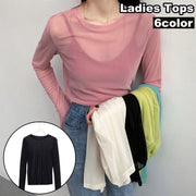 Tシャツ 長袖 ロングTシャツ カットソー レディース 女性 トップス インナー 薄手 ラウンドネック 重ね着 無地 単色 シンプル 着回し 婦人服