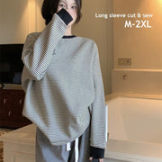 長袖カットソー レディース トップス ボーダー 長袖Tシャツ リブ切替 ロンT 細ボーダー 横縞 クルーネック ドロップショルダー ゆったり カジュアル ベーシック ゆるシルエット オーバーサイズ