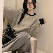 長袖カットソー レディース トップス ボーダー 長袖Tシャツ リブ切替 ロンT 細ボーダー 横縞 クルーネック ドロップショルダー ゆったり カジュアル ベーシック ゆるシルエット オーバーサイズ