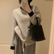長袖カットソー レディース トップス ボーダー 長袖Tシャツ リブ切替 ロンT 細ボーダー 横縞 クルーネック ドロップショルダー ゆったり カジュアル ベーシック ゆるシルエット オーバーサイズ