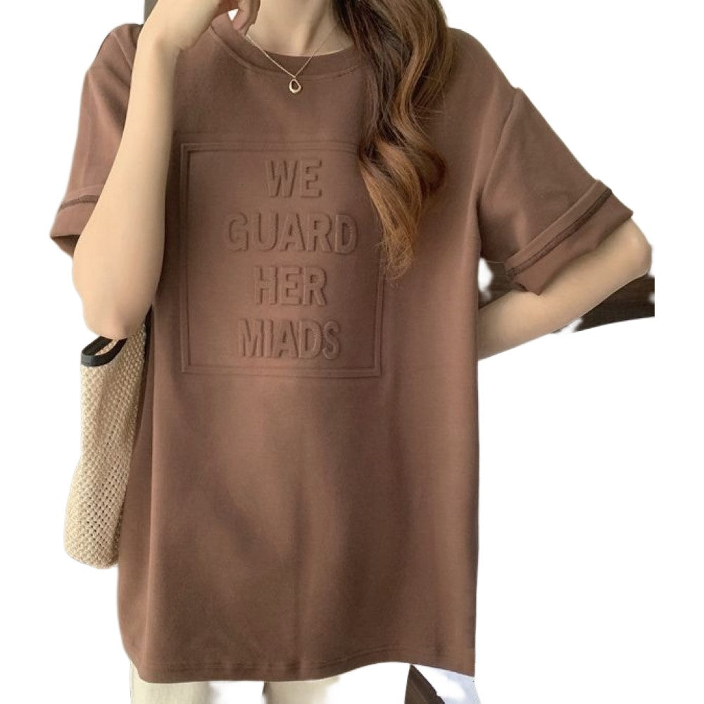 Tシャツ 半袖 レディース ラウンドネック 女性 単色 英字 ロゴ エンボス プルオーバー カジュアル シンプル おしゃれ ドロップショルダー 春 夏 ホワイト 白 ブラック 黒 グレー 灰 キャメル ネイビー 丸首 ソリッドカラー クルーネック 婦人服 普段着 着回し 定番