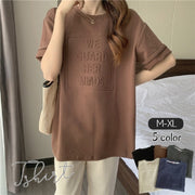 Tシャツ 半袖 レディース ラウンドネック 女性 単色 英字 ロゴ エンボス プルオーバー カジュアル シンプル おしゃれ ドロップショルダー 春 夏 ホワイト 白 ブラック 黒 グレー 灰 キャメル ネイビー 丸首 ソリッドカラー クルーネック 婦人服 普段着 着回し 定番