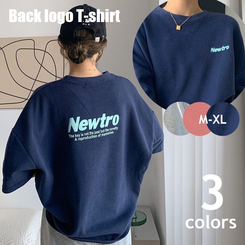 Tシャツ バックプリント オーバーサイズT レディース トップス 半袖 クルーネック ドロップショルダー レタード 英字 ロゴ ネイビー グレー アズキ ゆったり ビッグT カジュアル 定番