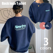 Tシャツ バックプリント オーバーサイズT レディース トップス 半袖 クルーネック ドロップショルダー レタード 英字 ロゴ ネイビー グレー アズキ ゆったり ビッグT カジュアル 定番