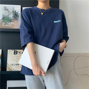 Tシャツ バックプリント オーバーサイズT レディース トップス 半袖 クルーネック ドロップショルダー レタード 英字 ロゴ ネイビー グレー アズキ ゆったり ビッグT カジュアル 定番
