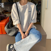 Tシャツ バックプリント オーバーサイズT レディース トップス 半袖 クルーネック ドロップショルダー レタード 英字 ロゴ ネイビー グレー アズキ ゆったり ビッグT カジュアル 定番