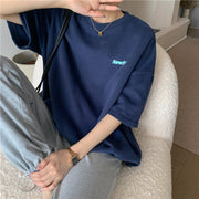 Tシャツ バックプリント オーバーサイズT レディース トップス 半袖 クルーネック ドロップショルダー レタード 英字 ロゴ ネイビー グレー アズキ ゆったり ビッグT カジュアル 定番