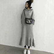 ワンピース パーカーワンピース レディース 女性用 ロング丈 長袖 フード付き 裾フレア 切り替え 無地 単色 シンプル おしゃれ かわいい カジュアル