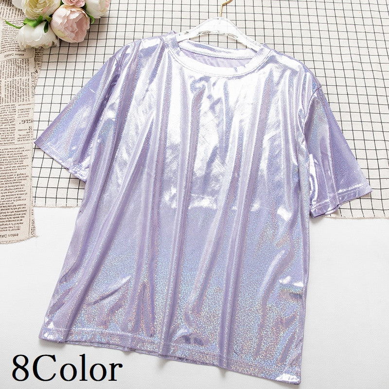 Tシャツ レディース 半袖 カットソー トップス ラメプリント キラキラ おしゃれ 可愛い クルーネック プルオーバー ダンス