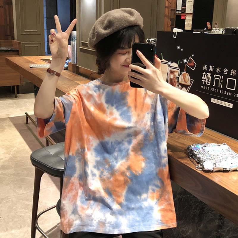 チュニック カットソー Tシャツ レディース 女性 トップス 半袖 丸首 ラウンドネック オーバーサイズ ビッグシルエット 総柄 タイダイ柄 染物風 カジュアル おしゃれ