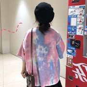 チュニック カットソー Tシャツ レディース 女性 トップス 半袖 丸首 ラウンドネック オーバーサイズ ビッグシルエット 総柄 タイダイ柄 染物風 カジュアル おしゃれ
