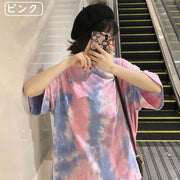 チュニック カットソー Tシャツ レディース 女性 トップス 半袖 丸首 ラウンドネック オーバーサイズ ビッグシルエット 総柄 タイダイ柄 染物風 カジュアル おしゃれ