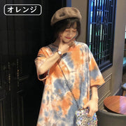 チュニック カットソー Tシャツ レディース 女性 トップス 半袖 丸首 ラウンドネック オーバーサイズ ビッグシルエット 総柄 タイダイ柄 染物風 カジュアル おしゃれ