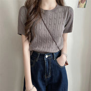 ニット 薄手 レディース 婦人服 サマーニット トップス 半袖 ラウンドネック 無地 単色 シンプル おしゃれ かわい