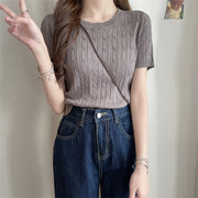 ニット 薄手 レディース 婦人服 サマーニット トップス 半袖 ラウンドネック 無地 単色 シンプル おしゃれ かわい