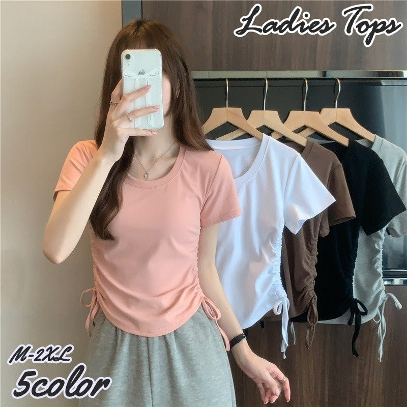 カットソー Tシャツ 半袖 レディース 女性 女子 大きいサイズ トップス プルオーバー ラウンドネック Uネック サイドシャーリング 無地 単色 スリム フィット感 シンプル ベーシック カジュアル 春夏 着回し力 定番 ブラック ホワイト グレー ブラウン ピンク 黒 白