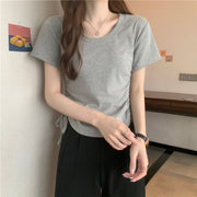 カットソー Tシャツ 半袖 レディース 女性 女子 大きいサイズ トップス プルオーバー ラウンドネック Uネック サイドシャーリング 無地 単色 スリム フィット感 シンプル ベーシック カジュアル 春夏 着回し力 定番 ブラック ホワイト グレー ブラウン ピンク 黒 白