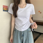 カットソー Tシャツ 半袖 レディース 女性 女子 大きいサイズ トップス プルオーバー ラウンドネック Uネック サイドシャーリング 無地 単色 スリム フィット感 シンプル ベーシック カジュアル 春夏 着回し力 定番 ブラック ホワイト グレー ブラウン ピンク 黒 白