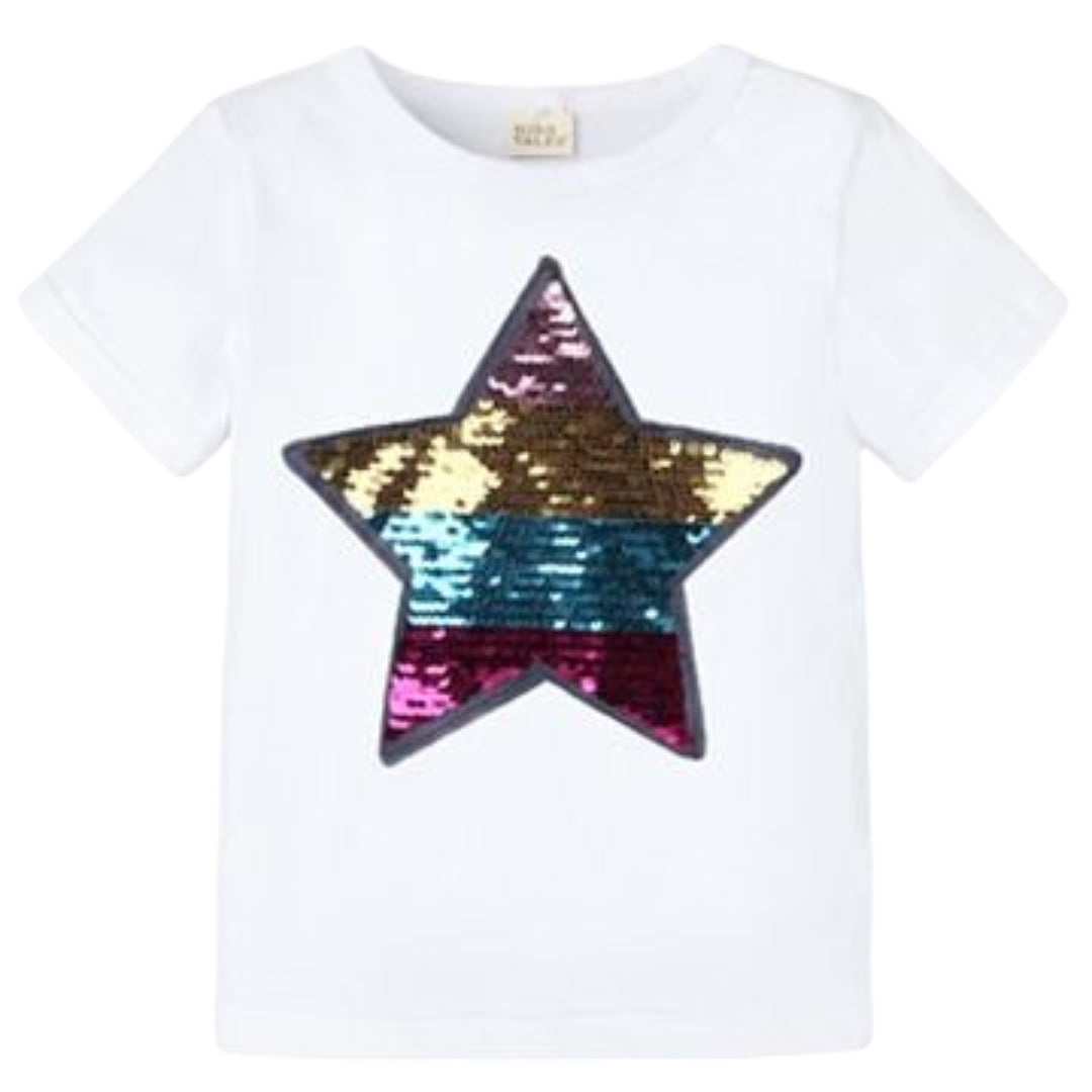 Tシャツ 半袖 カットソー 子供服 キッズ 色が変わる 男の子 女の子 男女兼用 トップス ラウンドネック 星 スター スパンコール キラキラ 夏服 クルーネック おしゃれ かっこいい かわいい シンプル ガーリー 通学 通園 お出かけ 白 赤 黒