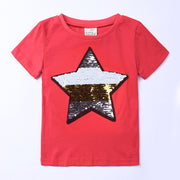 Tシャツ 半袖 カットソー 子供服 キッズ 色が変わる 男の子 女の子 男女兼用 トップス ラウンドネック 星 スター スパンコール キラキラ 夏服 クルーネック おしゃれ かっこいい かわいい シンプル ガーリー 通学 通園 お出かけ 白 赤 黒