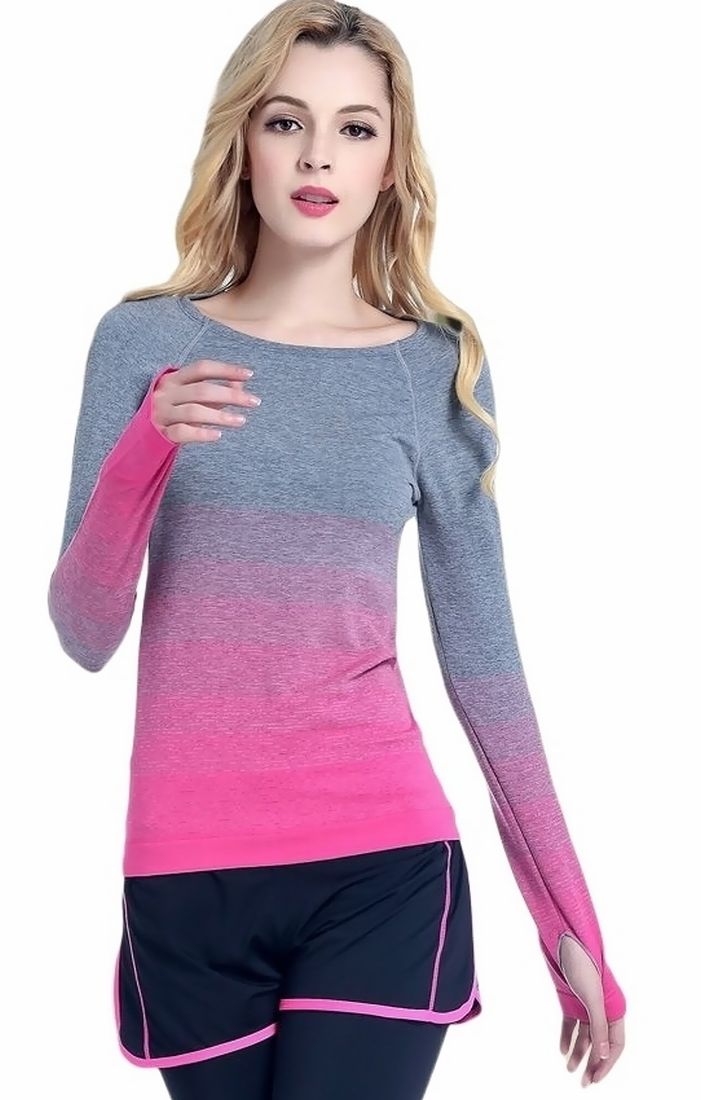 スポーツウェア Tシャツ ロンT カットソー レディース トップス 単品 長袖 ボーダー柄 指穴 フィットネス ヨガ ジム トレーニング ランニング ピラティス ストレッチ ジョギング ウォーキング エクササイズ エアロビクス 体操 散歩 グラデーション ラウンドネック ラグランスリーブ 女性 グリーン ブラック ローズ オレンジ