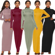 ワンピース ロング丈 タイト 長袖 レディース タートルネック マキシ丈 フィット ボディコンシャス 無地 単色 シンプル ストレッチ おしゃれ かっこいい カラバリ豊富 女性用 婦人用