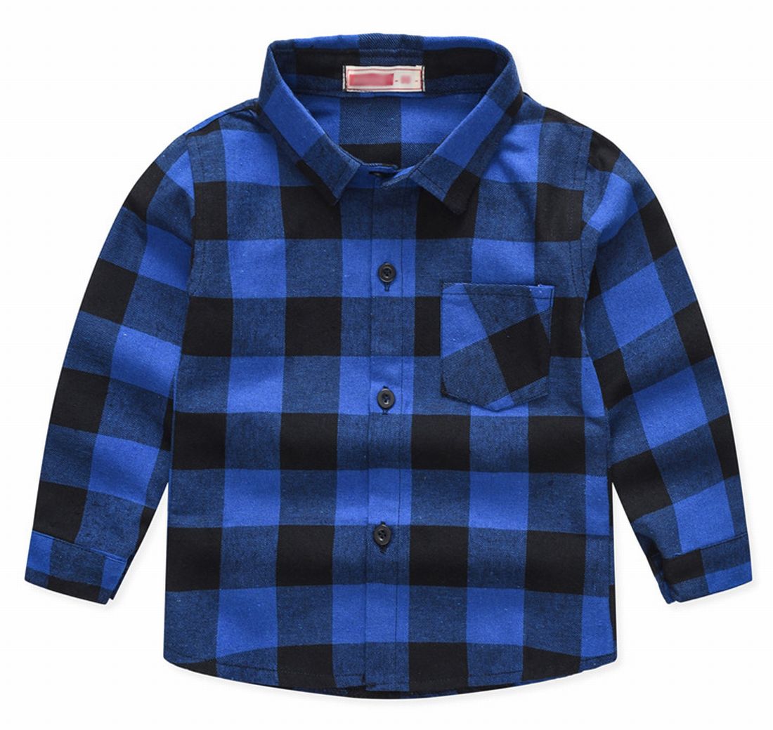 子供シャツ 長袖シャツ チェックシャツ トップス 子供服 キッズ ブルー×大 バリエーション画像