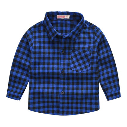 子供シャツ 長袖シャツ チェックシャツ トップス 子供服 キッズ ブルー×小 バリエーション画像