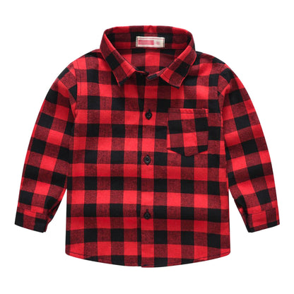 子供シャツ 長袖シャツ チェックシャツ トップス 子供服 キッズ レッド×中 バリエーション画像