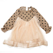 チュールワンピース キッズワンピース ワンピース 子供服 キッズ服 女の子 長袖 切り替えデザイン チュール フリルスリーブ フリル袖 バルーンスリーブ フリルネック 膝丈 ミディアム丈 ドット柄 ふんわり 春 秋 春秋 可愛い かわいい ガーリー キュート オシャレ おしゃれ お洒落 子供 こども キッズ 女児