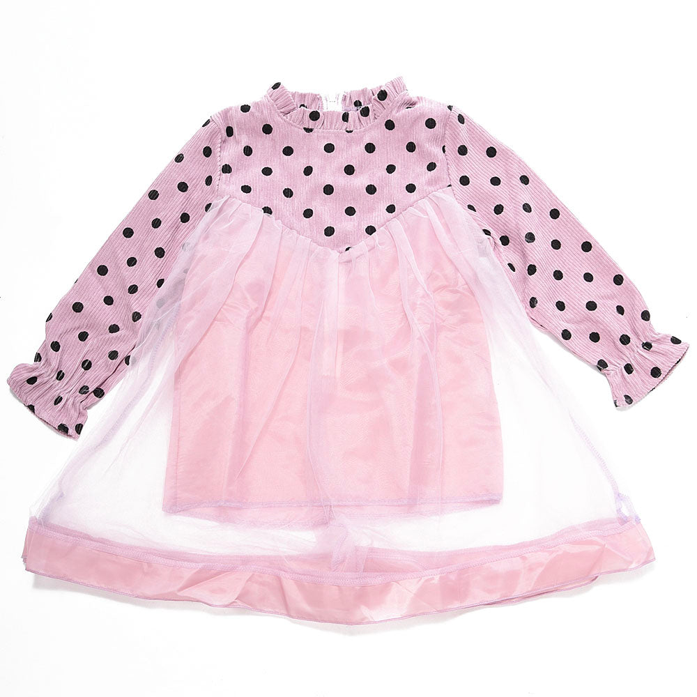 チュールワンピース キッズワンピース ワンピース 子供服 キッズ服 女の子 長袖 切り替えデザイン チュール フリルスリーブ フリル袖 バルーンスリーブ フリルネック 膝丈 ミディアム丈 ドット柄 ふんわり 春 秋 春秋 可愛い かわいい ガーリー キュート オシャレ おしゃれ お洒落 子供 こども キッズ 女児