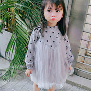 チュールワンピース キッズワンピース ワンピース 子供服 キッズ服 女の子 長袖 切り替えデザイン チュール フリルスリーブ フリル袖 バルーンスリーブ フリルネック 膝丈 ミディアム丈 ドット柄 ふんわり 春 秋 春秋 可愛い かわいい ガーリー キュート オシャレ おしゃれ お洒落 子供 こども キッズ 女児