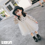 チュールワンピース キッズワンピース ワンピース 子供服 キッズ服 女の子 長袖 切り替えデザイン チュール フリルスリーブ フリル袖 バルーンスリーブ フリルネック 膝丈 ミディアム丈 ドット柄 ふんわり 春 秋 春秋 可愛い かわいい ガーリー キュート オシャレ おしゃれ お洒落 子供 こども キッズ 女児