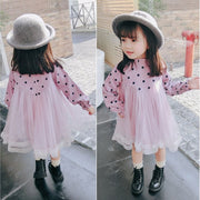 チュールワンピース キッズワンピース ワンピース 子供服 キッズ服 女の子 長袖 切り替えデザイン チュール フリルスリーブ フリル袖 バルーンスリーブ フリルネック 膝丈 ミディアム丈 ドット柄 ふんわり 春 秋 春秋 可愛い かわいい ガーリー キュート オシャレ おしゃれ お洒落 子供 こども キッズ 女児