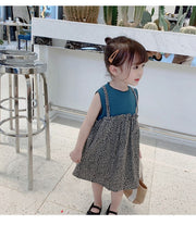 ノースリーブワンピース ノースリーブ 袖なし 膝丈 ひざ下 ワンピース ワンピ キッズ 子ども服 子供 キャミワンピース風 レイヤード風 重ね着風 女の子 ガールズ メロウフリル リブ 春 夏 秋 90 100 110 120 130 140 通園 通学 普段着 おしゃれ カジュアル ブルー ベージュ