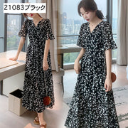 ワンピース 五分袖 ロング丈 ミモレ丈 レディース Vネック 総柄 花柄 リーフ ハート シフォン フレア レトロ風 おしゃれ 上品 普段着 通勤 デート リゾート お出かけ 女の子 女性用 婦人服 黒 赤 紫 ネイビー