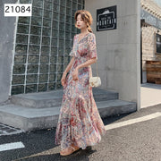 ワンピース 五分袖 ロング丈 ミモレ丈 レディース Vネック 総柄 花柄 リーフ ハート シフォン フレア レトロ風 おしゃれ 上品 普段着 通勤 デート リゾート お出かけ 女の子 女性用 婦人服 黒 赤 紫 ネイビー