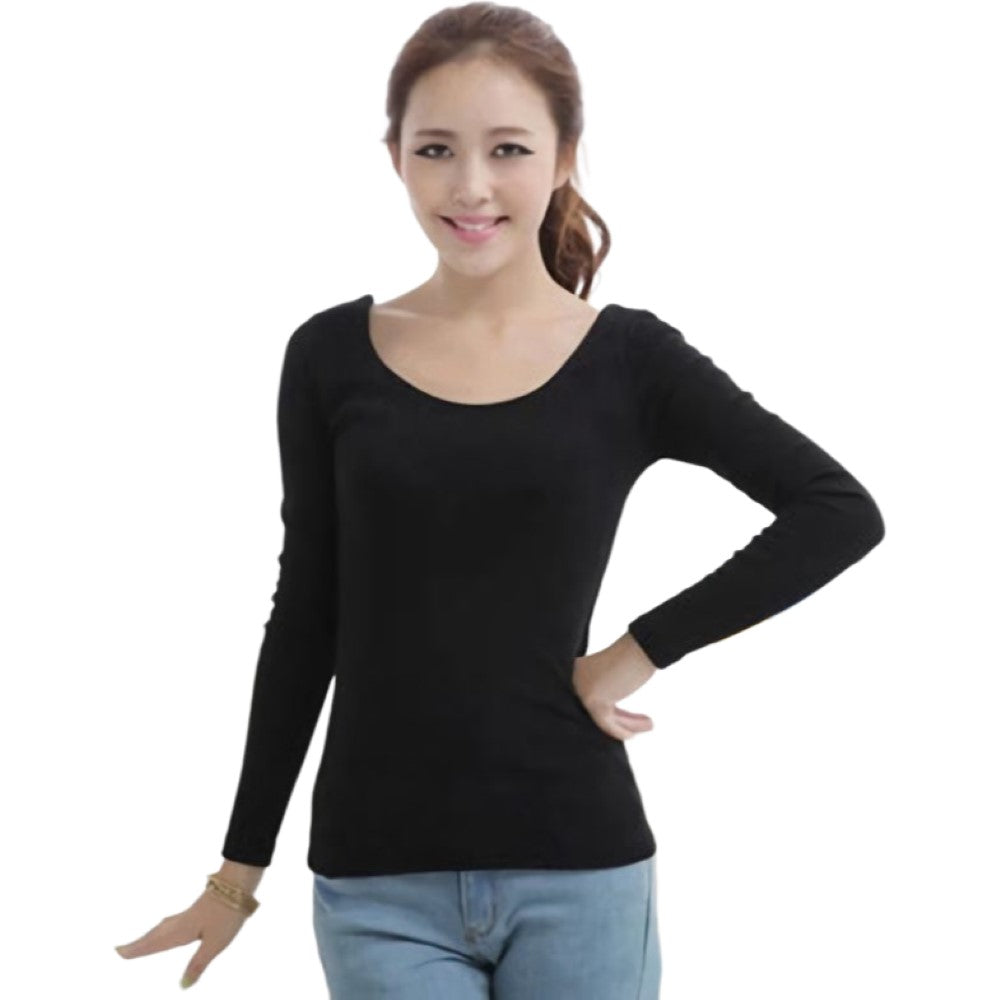長袖Tシャツ ロングＴシャツ カットソー レディース 女性用 婦人用 ブラック×Rネック バリエーション画像