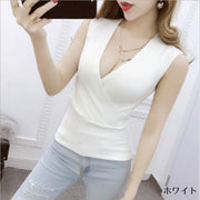 ニット カットソー ノースリーブ Vネック カシュクール レディース 女性 婦人服 トップス ニットソー 袖なし スリム おしゃれ シンプル セクシー 肌見せ かわいい ヘビロテ 着回し 単色 無地 デイリー お出かけ 白 灰 黒 ベージュ カーキ 青 ピンク 赤