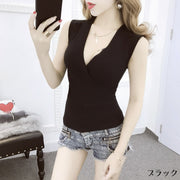 ニット カットソー ノースリーブ Vネック カシュクール レディース 女性 婦人服 トップス ニットソー 袖なし スリム おしゃれ シンプル セクシー 肌見せ かわいい ヘビロテ 着回し 単色 無地 デイリー お出かけ 白 灰 黒 ベージュ カーキ 青 ピンク 赤