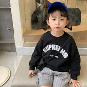トレーナー 薄手 長袖 子供 キッズ ジュニア 女の子 男の子 トップス ラウンドネック 英字ロゴ カジュアル シンプル 着回し 子供服 着替え ブラック 黒 春 秋 冬 ホワイト 白 グレー 園児 小学生 重ね着におすすめ 男女兼用 未就学児 100cm 110cm 120cm 130cm 140cm 90cm