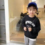 トレーナー 薄手 長袖 子供 キッズ ジュニア 女の子 男の子 トップス ラウンドネック 英字ロゴ カジュアル シンプル 着回し 子供服 着替え ブラック 黒 春 秋 冬 ホワイト 白 グレー 園児 小学生 重ね着におすすめ 男女兼用 未就学児 100cm 110cm 120cm 130cm 140cm 90cm