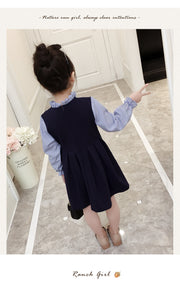 ワンピース ドッキングシャツワンピース ブラウス一体型 子供用 キッズ ジュニア 女の子 ミニ丈 Aライン プリーツ フレア フリル襟 長袖 セットアップ調 可愛い お嬢さま 上品 お出かけ 発表会 イベント 結婚式