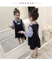 ワンピース ドッキングシャツワンピース ブラウス一体型 子供用 キッズ ジュニア 女の子 ミニ丈 Aライン プリーツ フレア フリル襟 長袖 セットアップ調 可愛い お嬢さま 上品 お出かけ 発表会 イベント 結婚式